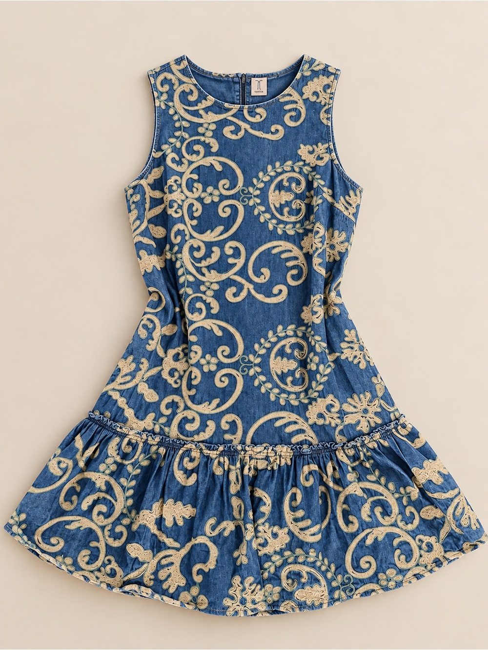 Tristan Blue Embroidered Sleeveless Dress Size S Boho Ruffle Hem